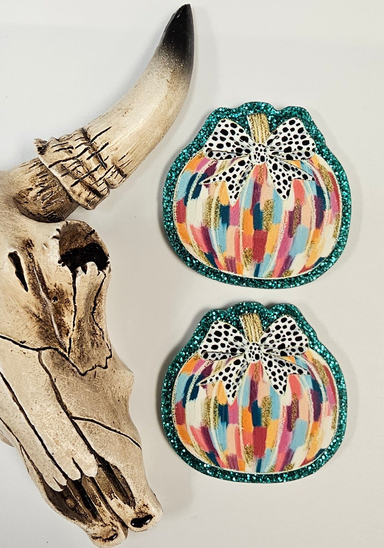 Flatback Watercolor Pumpkin Turquoise Glitter 509