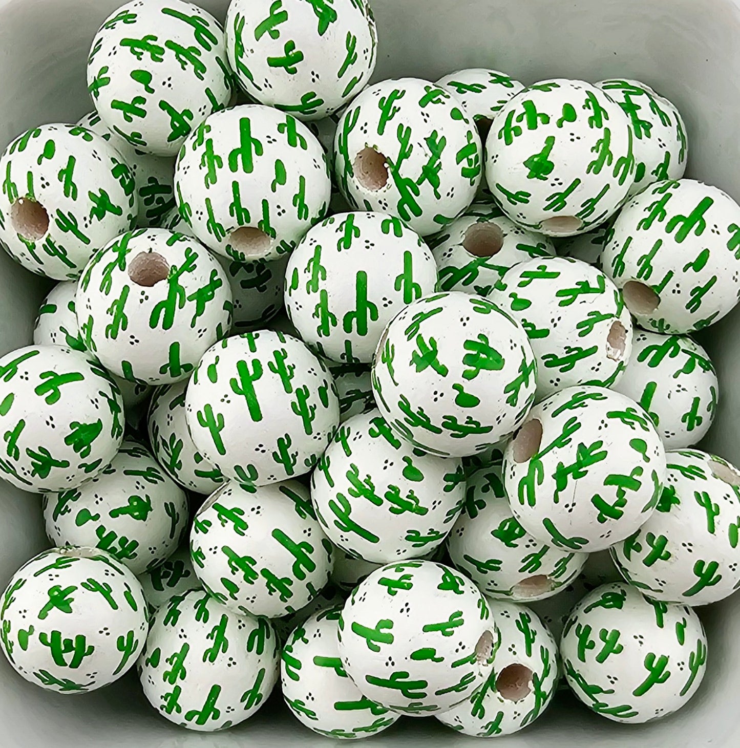 Cactus Print 16mm Wooden Bead