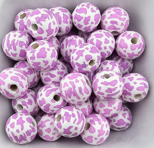 Lavender Cow Print 16mm Wooden Bead