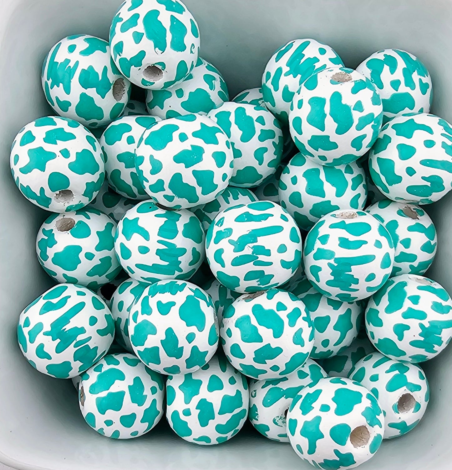 Turquoise Cow Print 16mm Wooden Bead