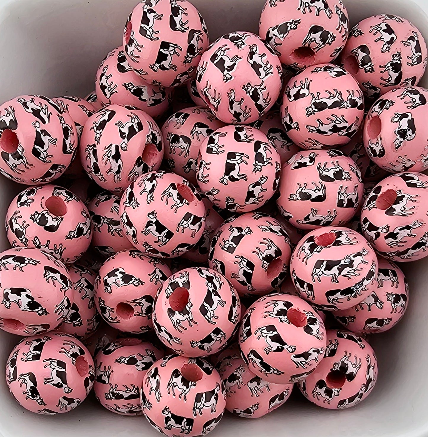 Pink Dairy Cow Print 16mm Wooden Bead
