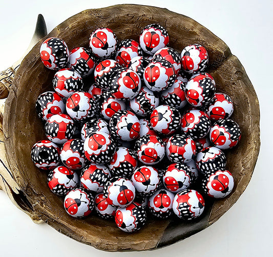 Lady Bug  Print 16mm Wooden Bead