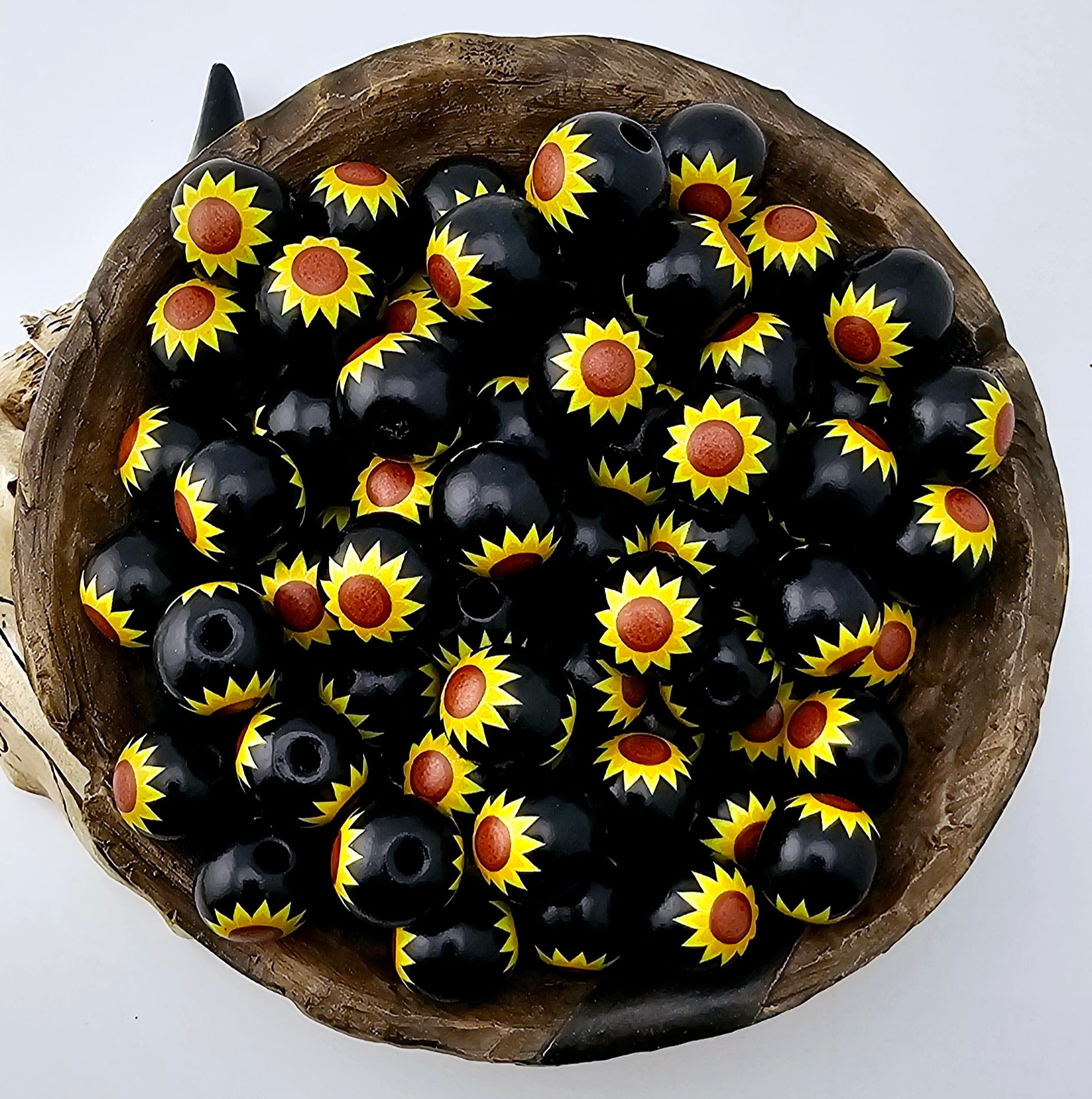Sunflower Print 16mm Wooden Bead