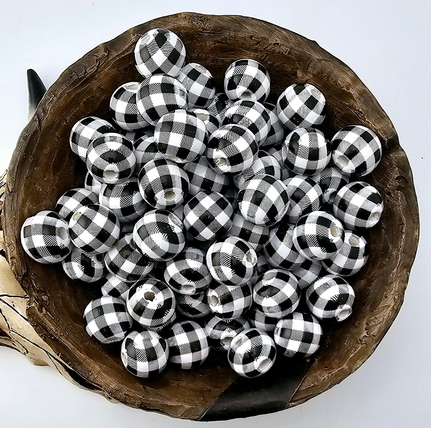 Black White Plaid Print 16mm Wooden Bead