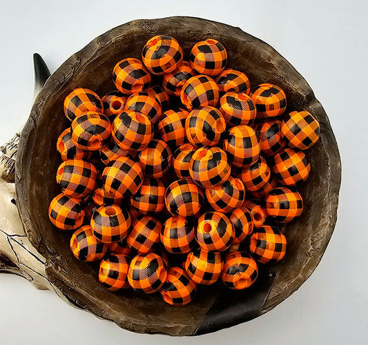 Orange Black Plaid Print 16mm Wooden Bead