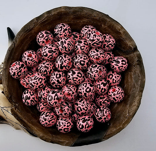 Pink Leopard Print 16mm Wooden Bead