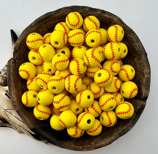 Softball Print 16mm Wooden Bead