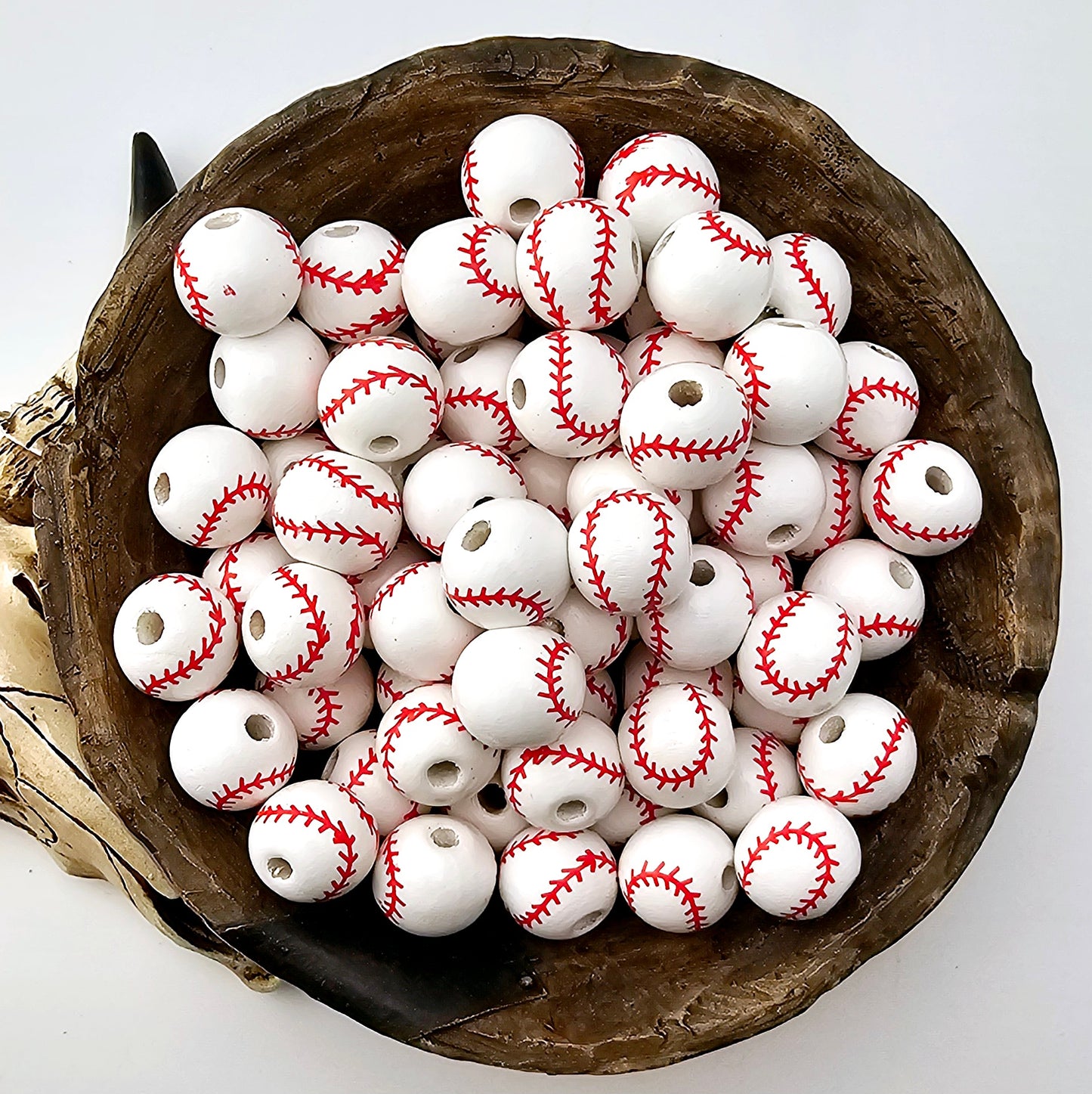 Baseball Print 16mm Wooden Bead