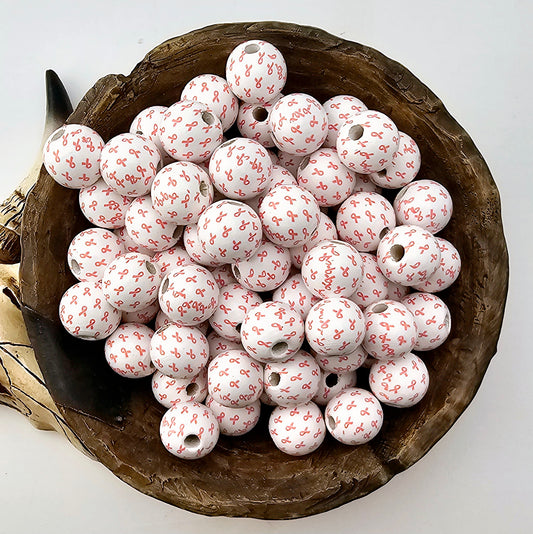 Breast Cancer Ribbon Print 16mm Wooden Bead