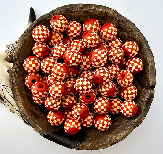 Checkered Etched Print 16mm Wooden Bead