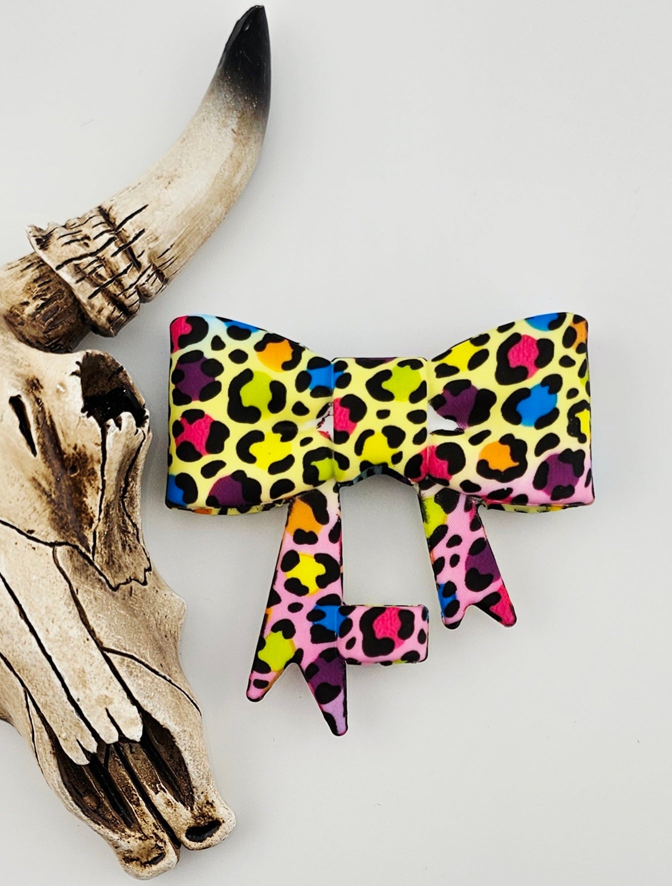 Straw Topper Bow Bright Leopard