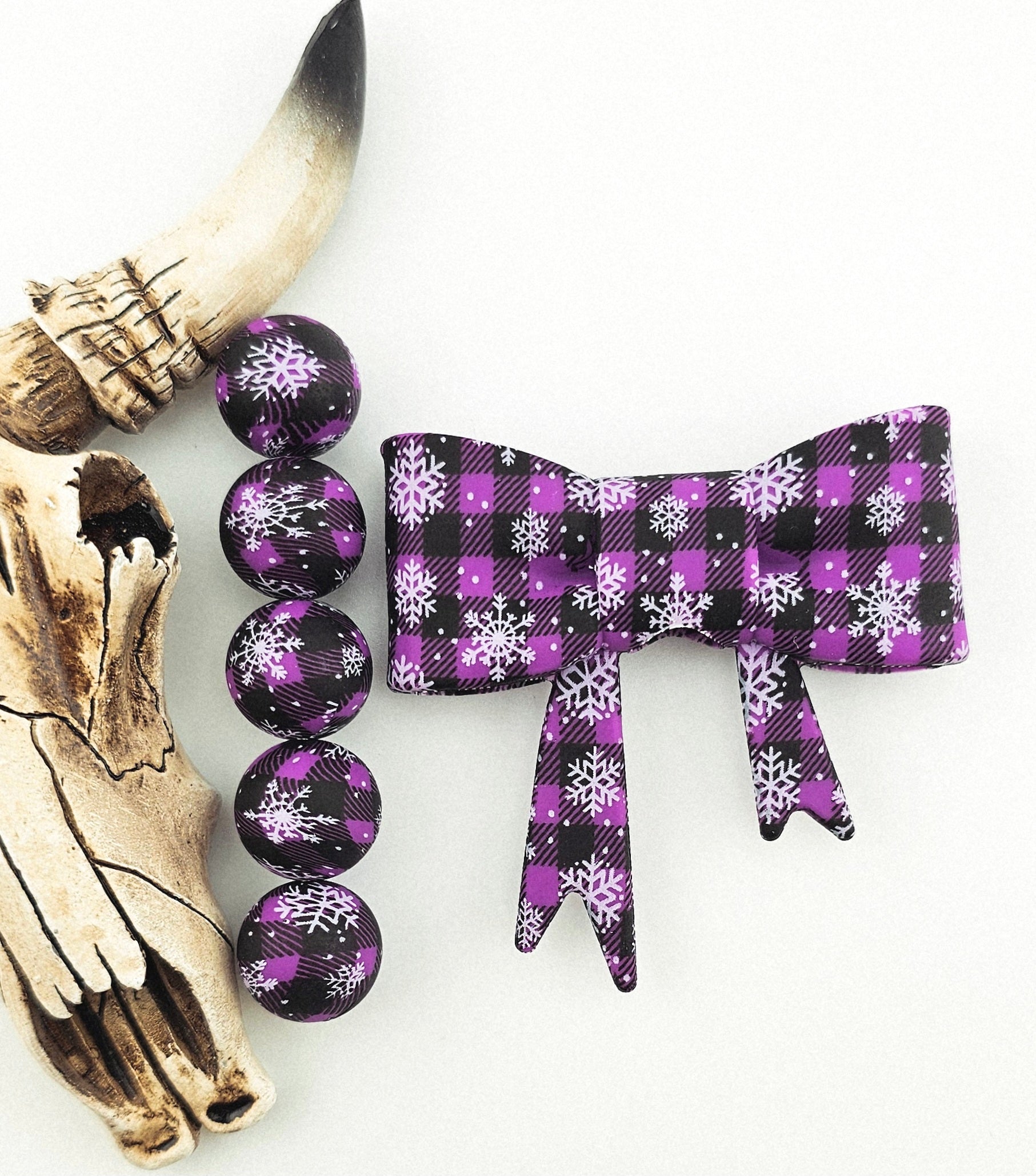 Large Bow &  Matching 15mm Print Snowflake Purple Rain