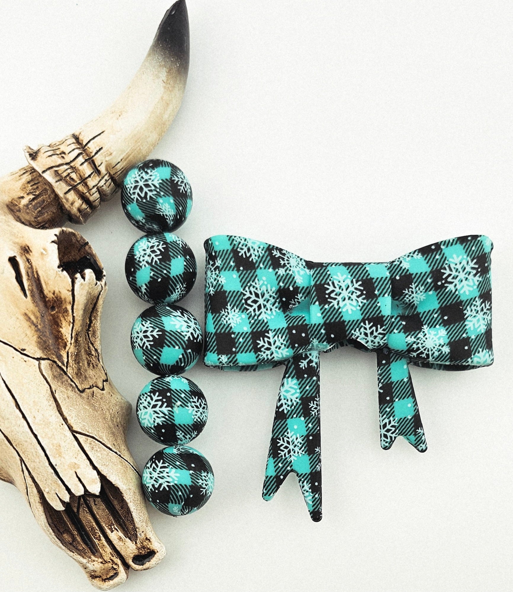 Large Bow &  Matching 15mm Print Snowflake Turquoise