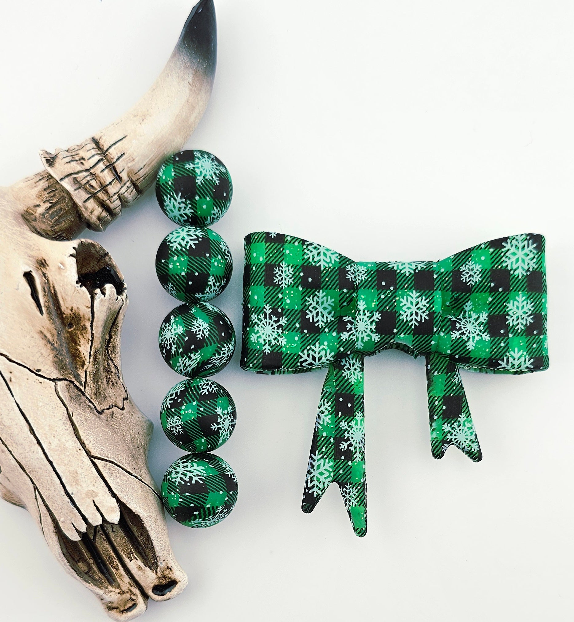 Large Bow &  Matching 15mm Print Snowflake Christmas Green