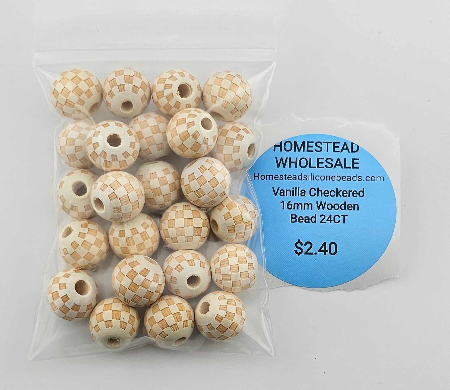 Vanilla Checkered 16mm Wooden Bead 24CT