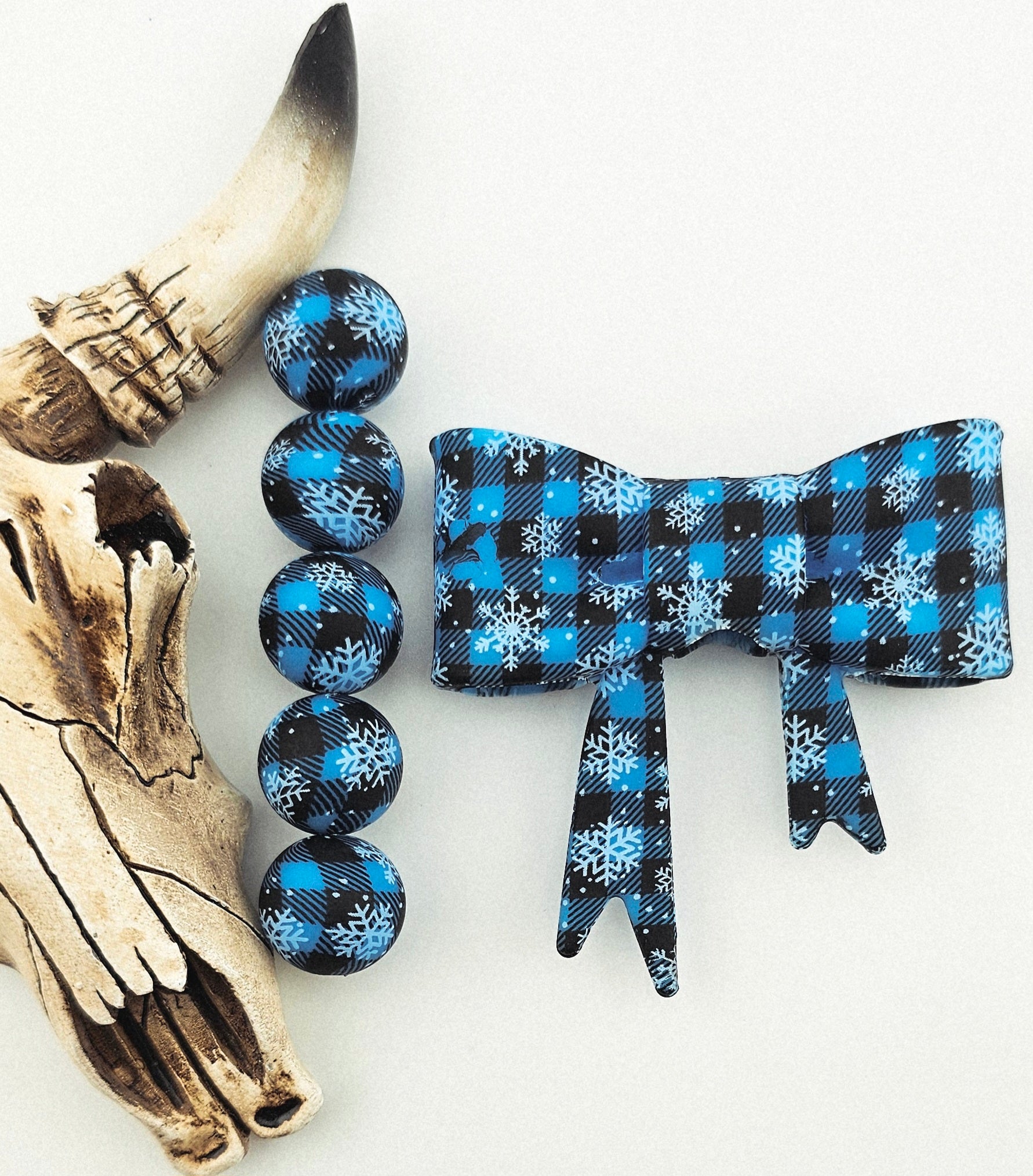 Large Bow &  Matching 15mm Print Snowflake Artic Ice Blue