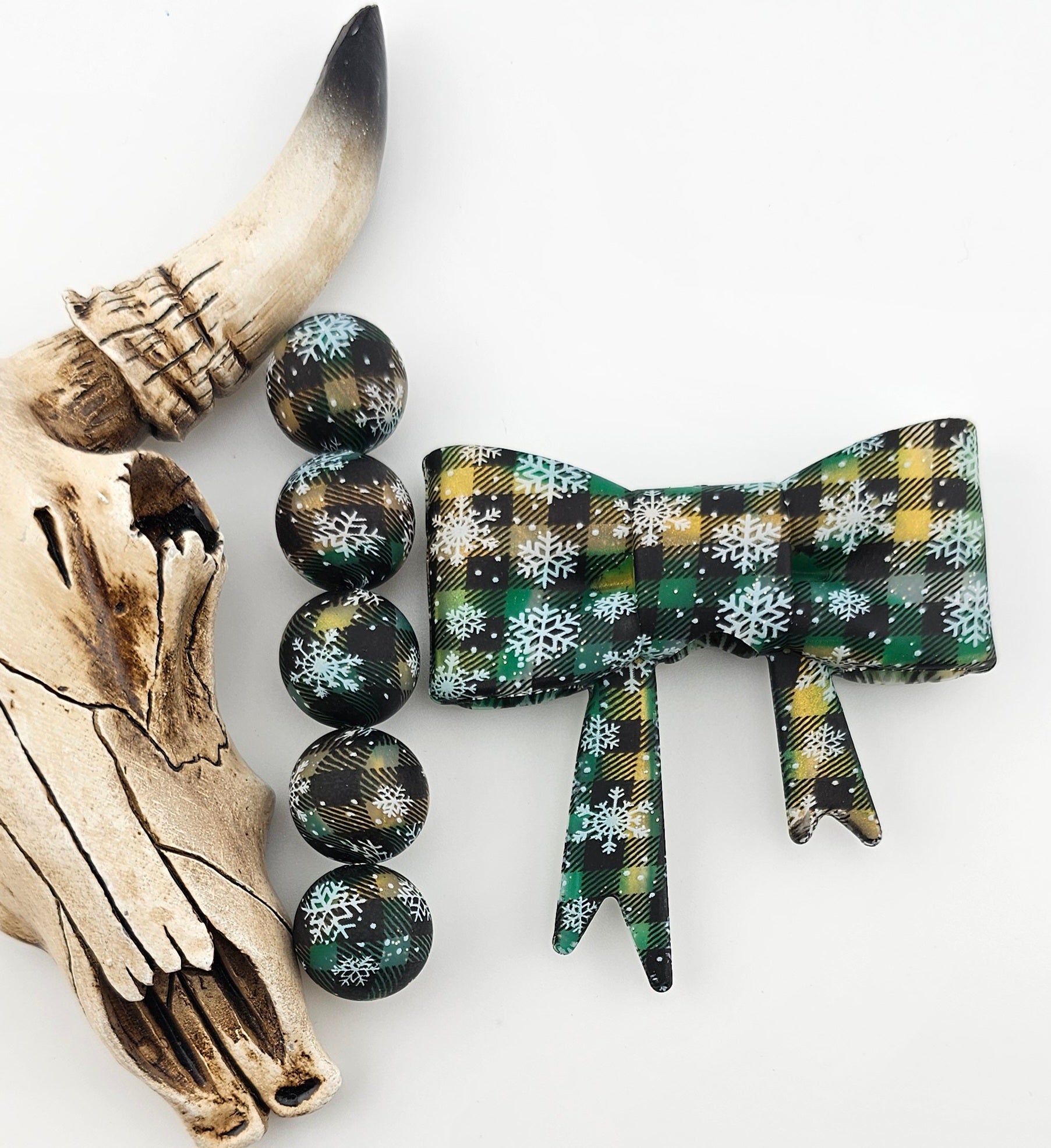 Large Bow &  Matching 15mm Print Snowflake Golden Christmas