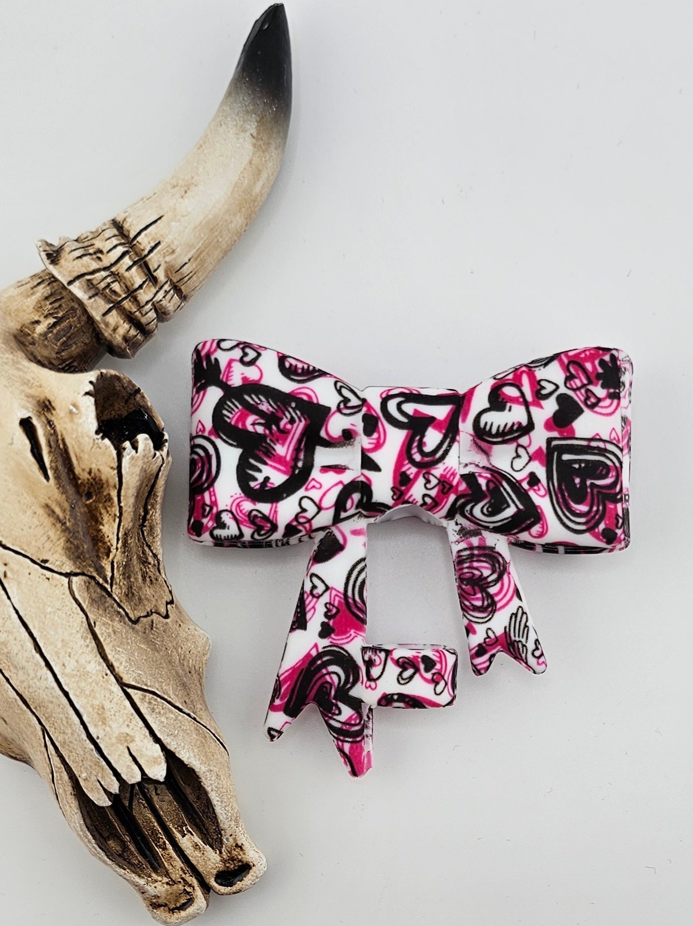 Straw Topper Bow Black and Pink Hearts