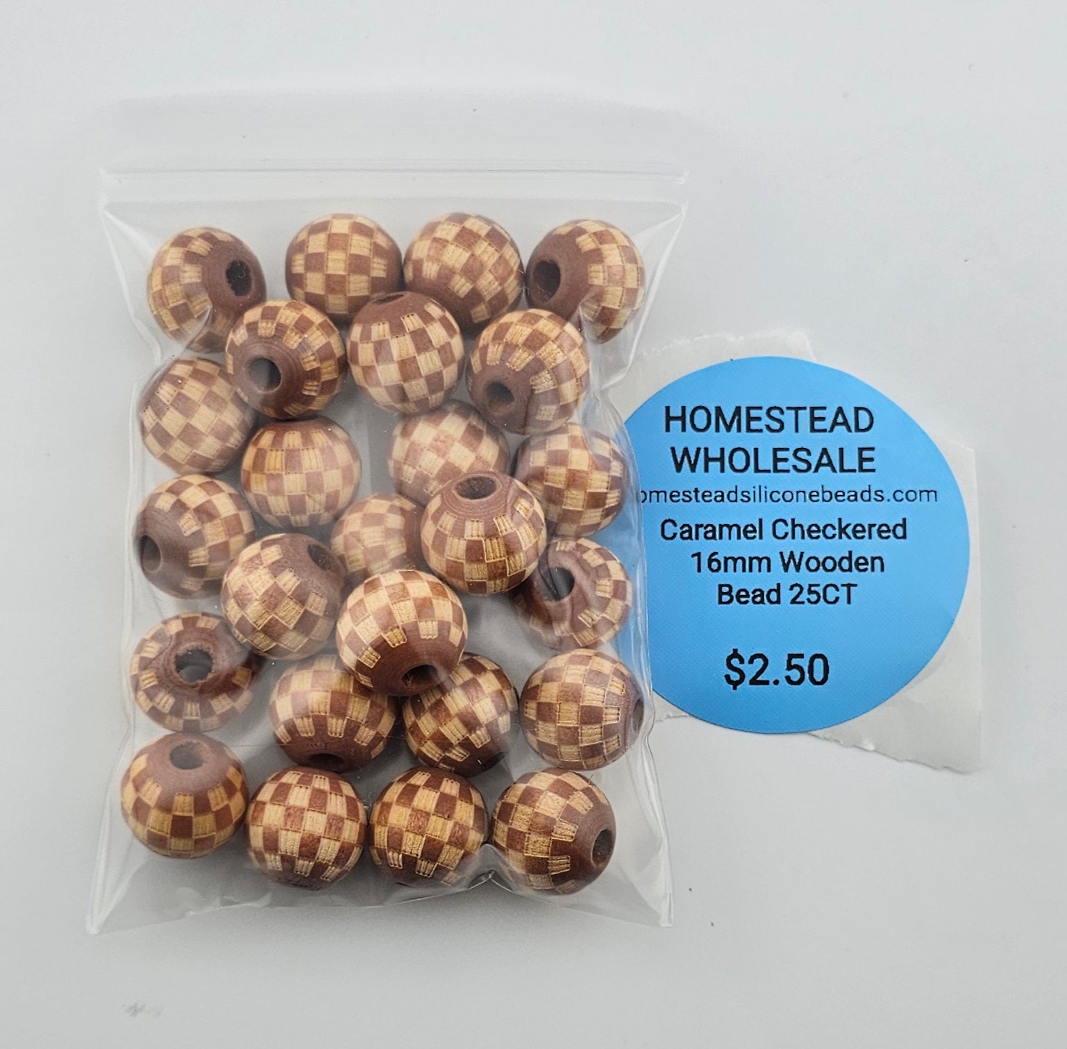 Caramel Checkered 16mm Wooden Bead 25CT