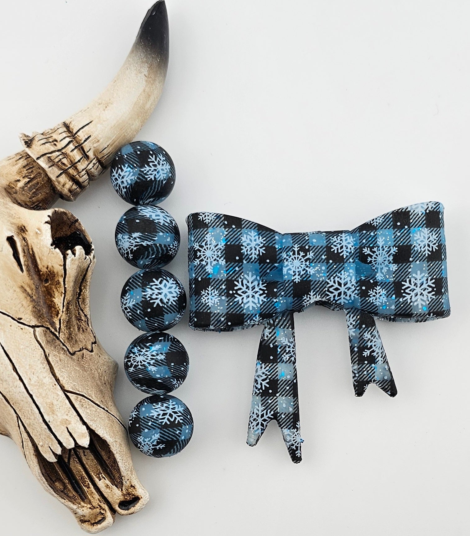 Large Bow &  Matching 15mm Print Snowflake Icy Blue