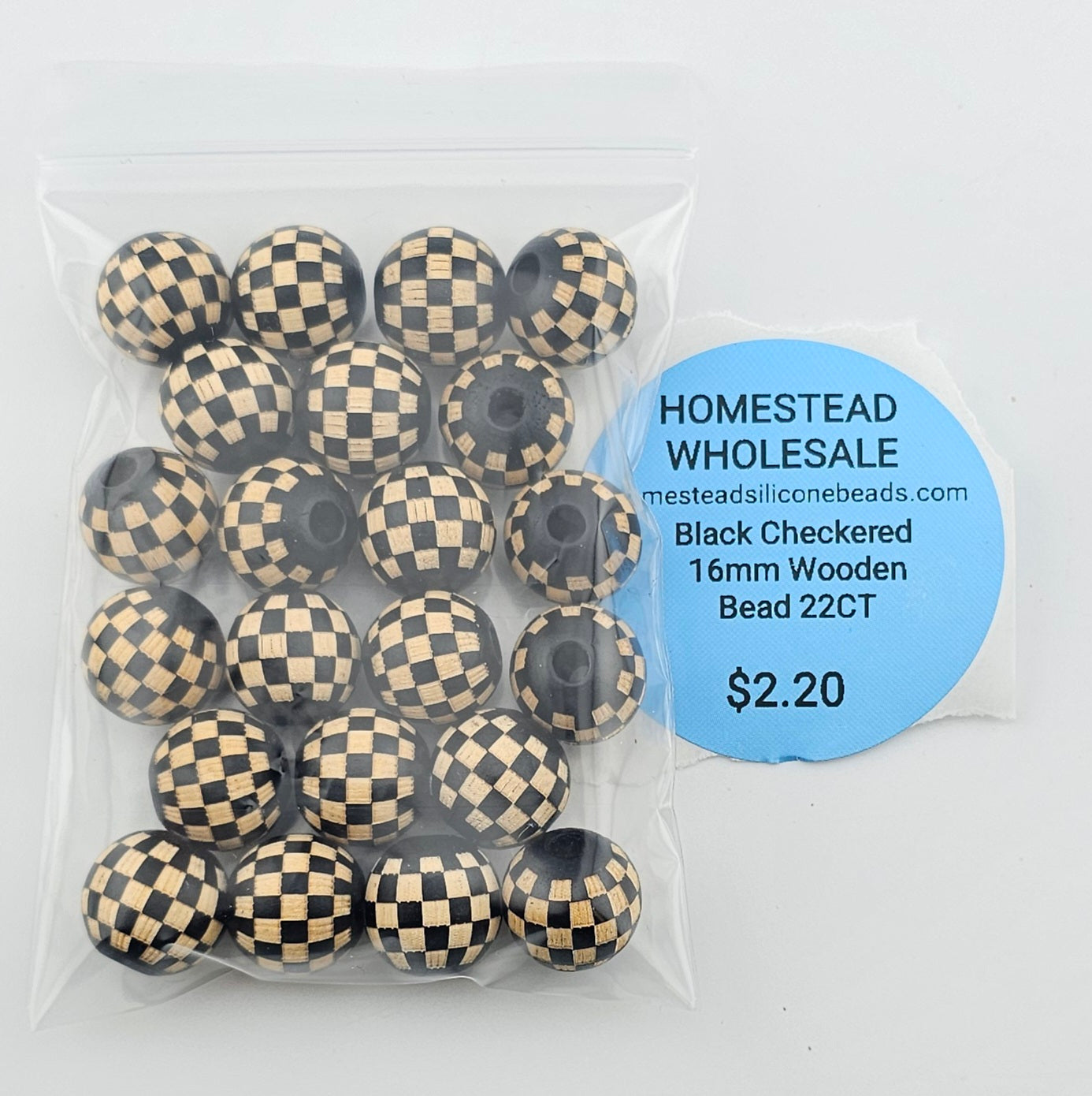 Black Checkered 16mm Wooden Bead 22CT
