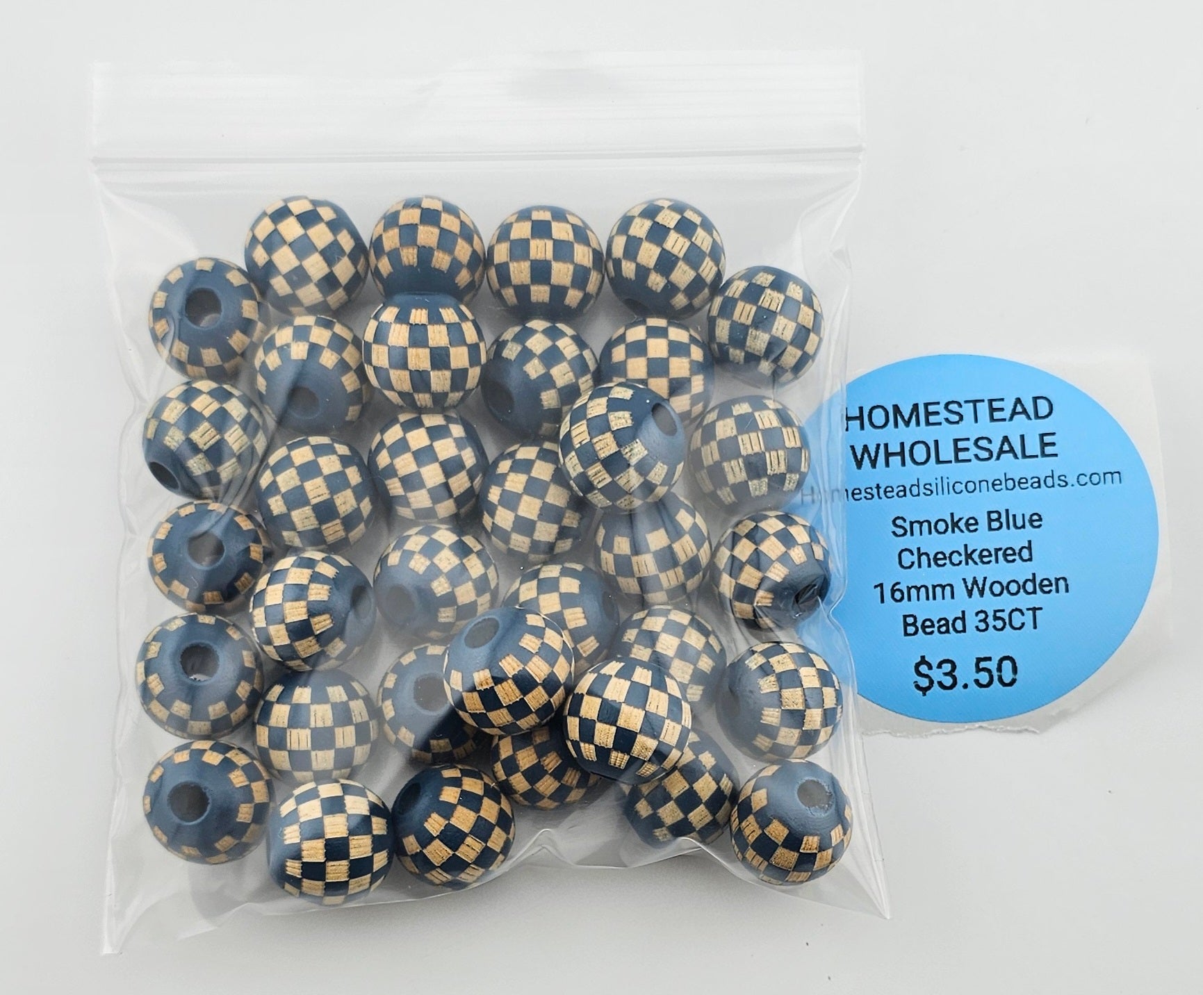 Smoke Blue Checkered 16mm Wooden Bead 35CT